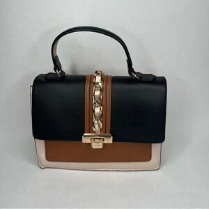 Aldo Handbag Black Brown Cream Purse Satchel‎ Crossbody Gold Accents Trendy